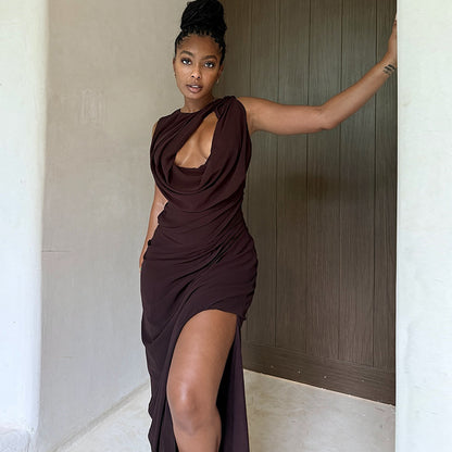 Personalized Pleated Hollow Out Cutout Solid Color Tight Crew Neck Split Maxi Dress Loose Elegant Women Clothing