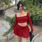 Long Sleeve Pleated Skirt Outfit Winter Solid Color Sexy Slim Fit Two Piece Sets