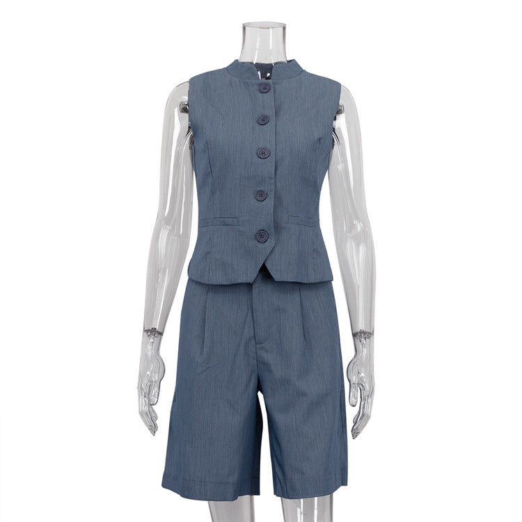 All Match Women Clothing Two Piece Summer Neutral Minimalist Blue Sleeveless Waistcoat Vest Set