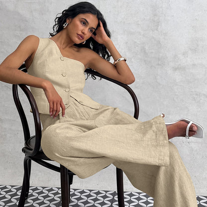 Spring Summer Cotton Linen Sleeveless Vest Irregular Asymmetric Collar Two Piece Set