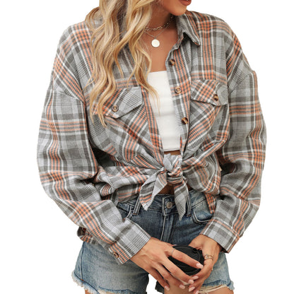 Autumn Winter Polo Collar Pocket Loose Long Sleeve Plaid Shirt Women