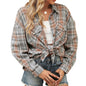 Autumn Winter Polo Collar Pocket Loose Long Sleeve Plaid Shirt Women