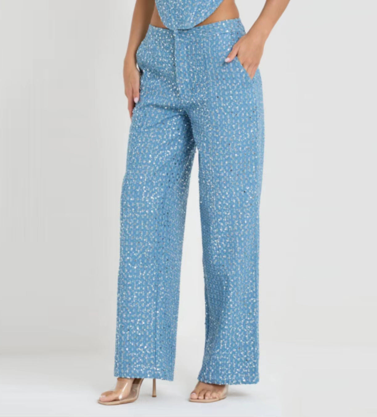 Spring Summer Denim Sequ Tube Top Wide Leg Pants Suit