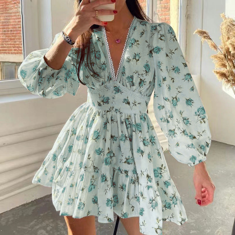 Spring Women Clothing Sweet Elegance Printed V neck Lace Waist Trimming Short Dress