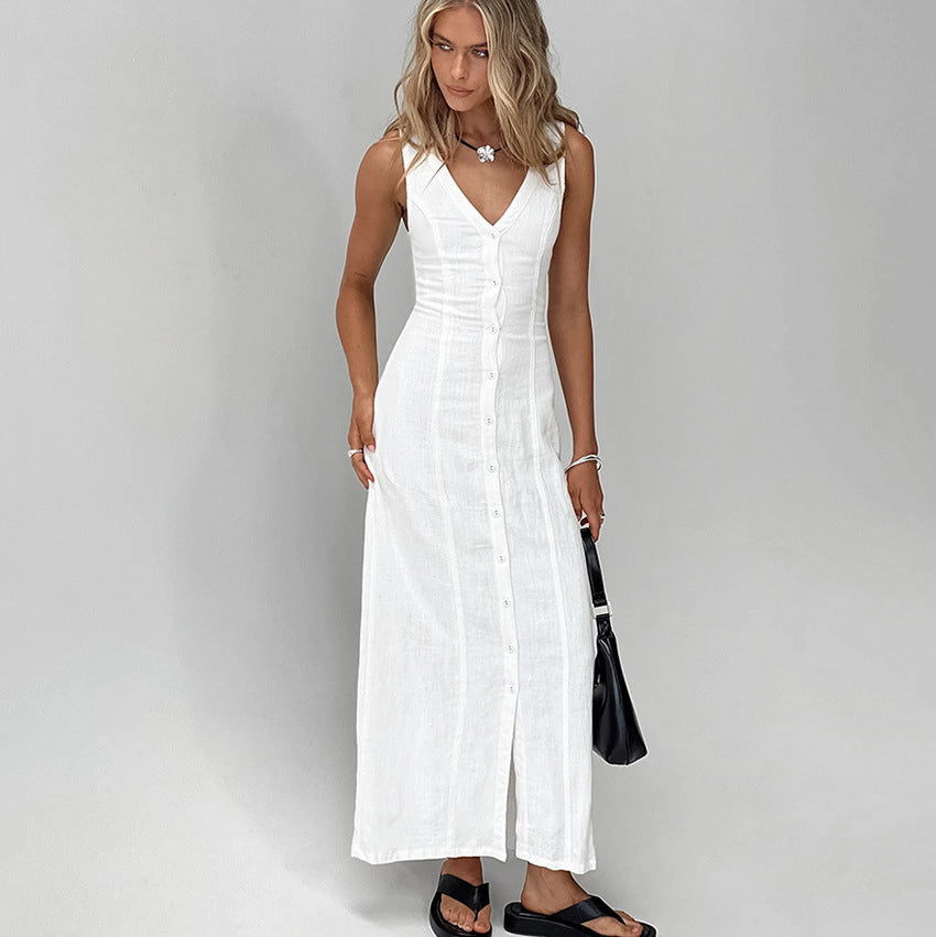 Sexy Design V-neck Cotton Linen White Split Sleeveless Dress Women Summer Simplicity Maxi Dress