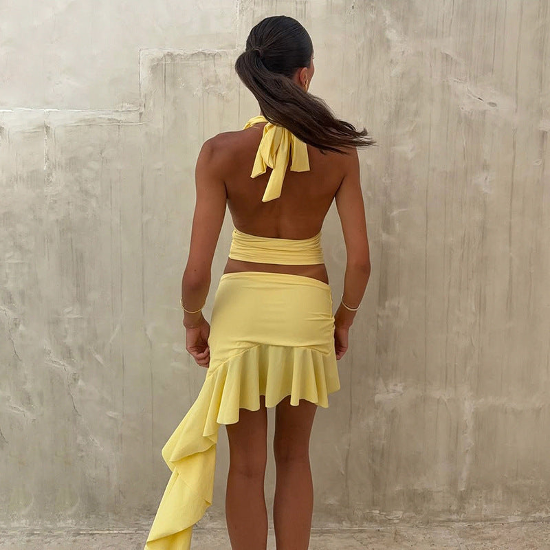 Vacation Summer Sexy Swing Collar Backless Irregular Asymmetric Three Dimensional Floral Ruffled Vest Mid Length Skirt Set