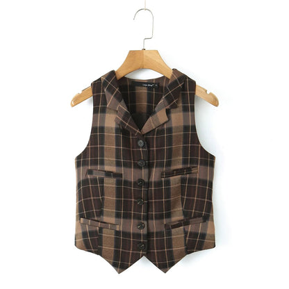 Autumn Single Breasted Blazer Collared Vest Plaid Mid Length Three Piece Skirt Set