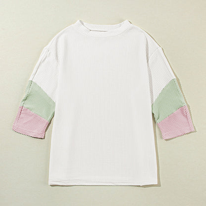 Summer Pullover Three Quarter Sleeve Top Women Color Block Stitching Loose Slim Fit T Shirt Women