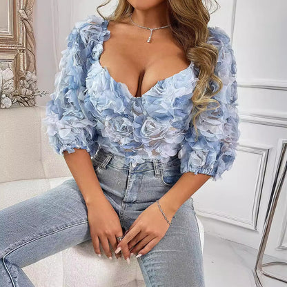 Summer Refreshing Light Wrapped Chest Creative Floral V Neck Cropped Women Clothing