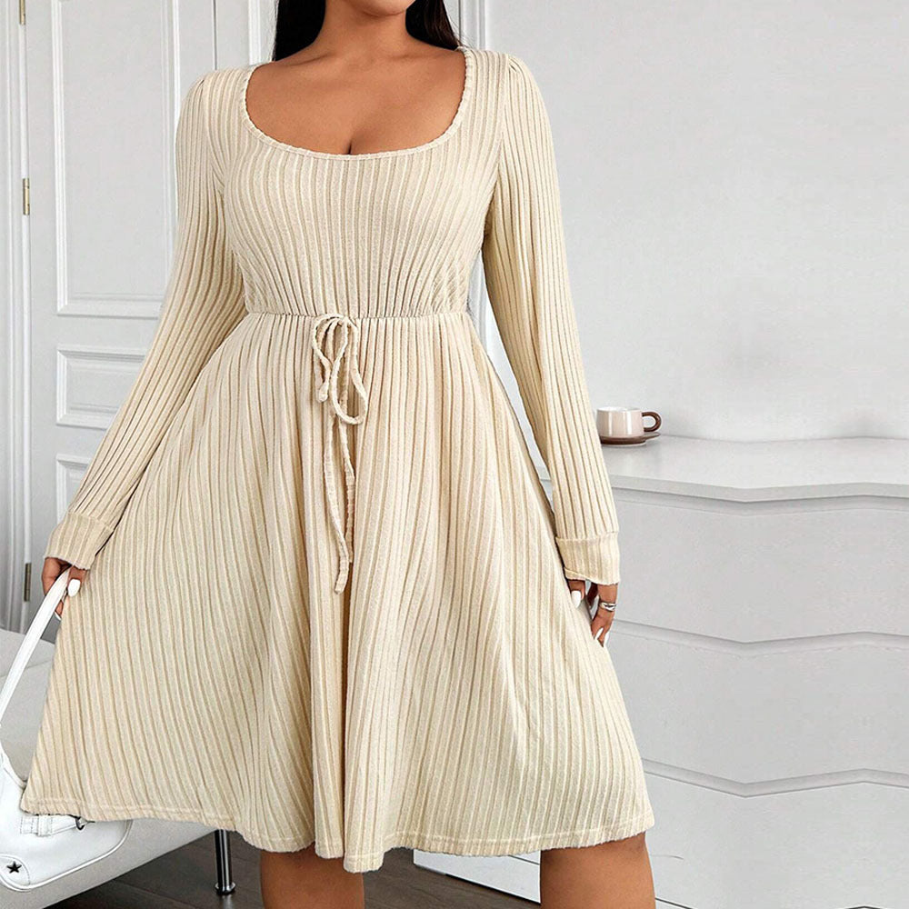 Plus Size Women Clothing Simple Elegant Dress Autumn Winter Adjustable Waist Slimming Midi Dress