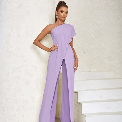 Dress Simple Sexy One Shoulder Hollow Out Cutout Backless Slim Flared Pantyhose for Women