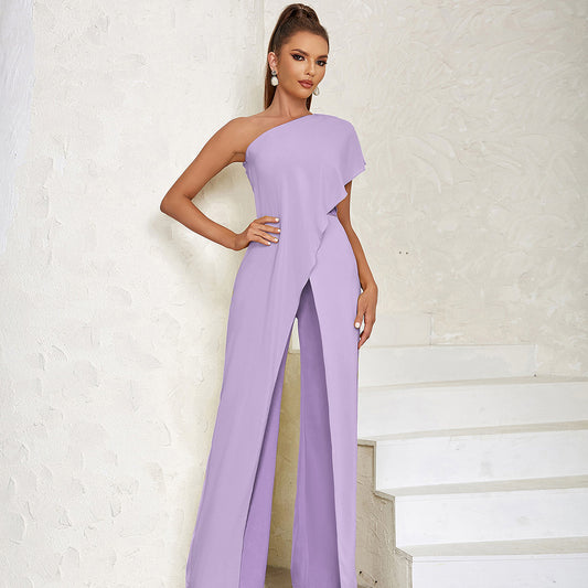 Dress Simple Sexy One Shoulder Hollow Out Cutout Backless Slim Flared Pantyhose for Women