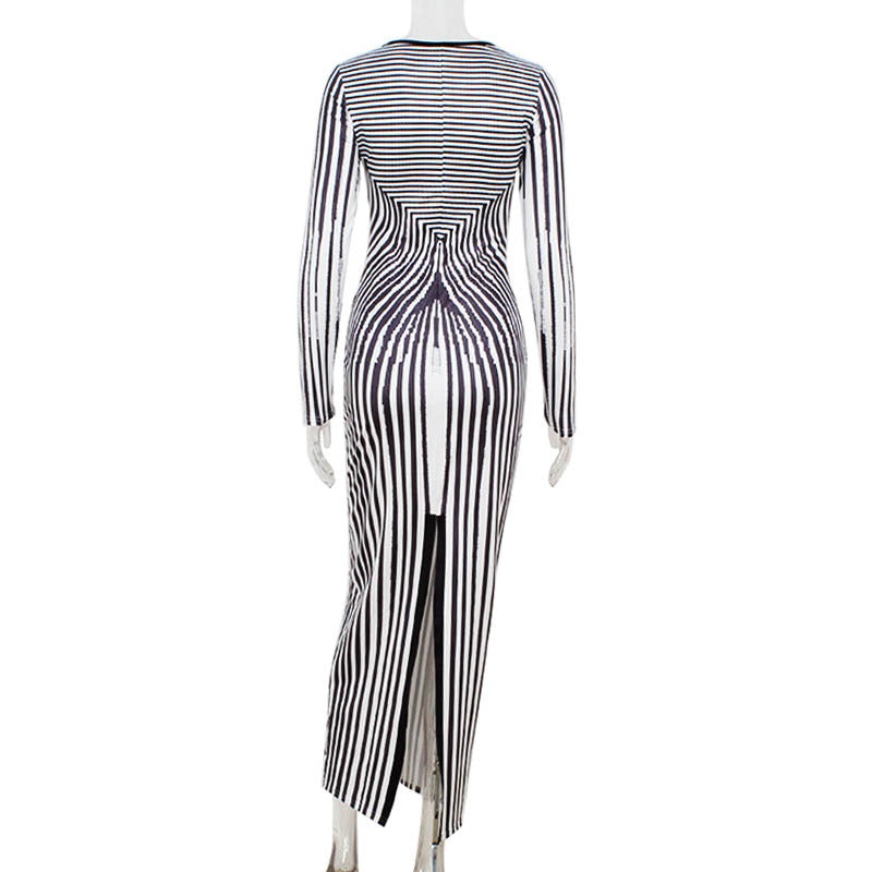 Fall Women Clothing round Neck Long Sleeve Slim Fit Figure Flattering 3D Striped Printed Sheath Dress Women