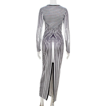 Fall Women Clothing round Neck Long Sleeve Slim Fit Figure Flattering 3D Striped Printed Sheath Dress Women