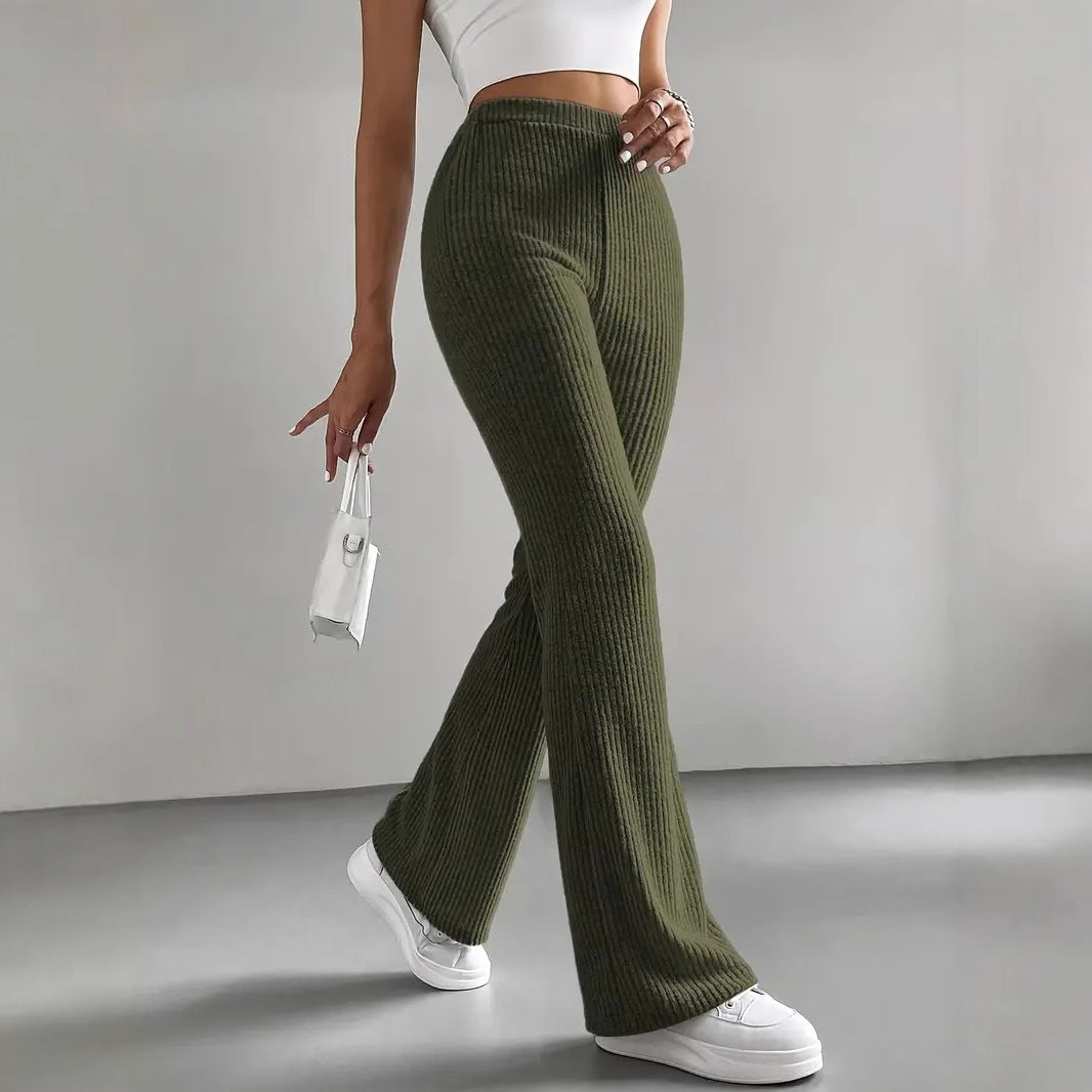 Bell Bottom Pants Women Autumn Solid Color Casual Pants Rib Knitted Fashionable All Match Slim Fit Women Pants