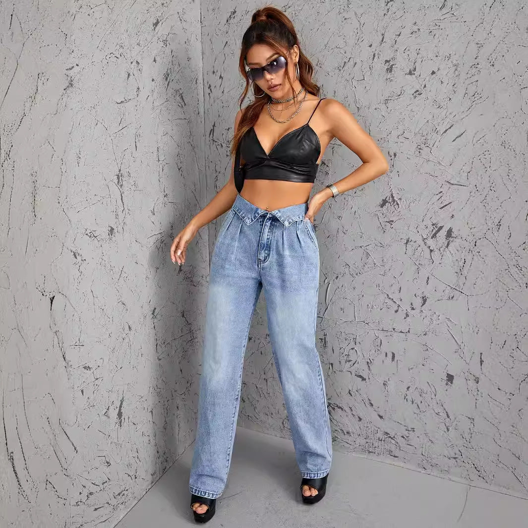 Women Clothing Straight Loose High Waist Denim Trousers