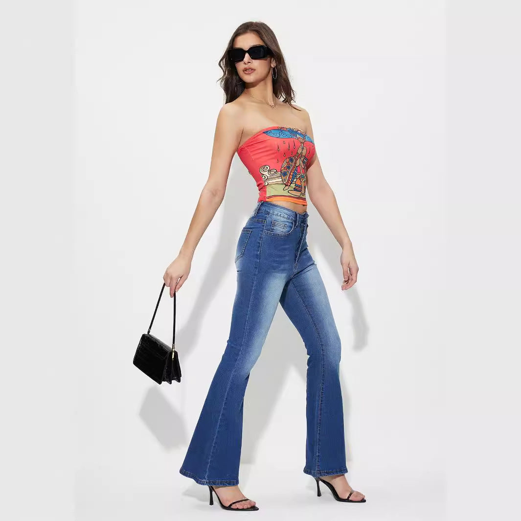 Women Clothing Casual All Match Horn High Elastic Denim Trousers