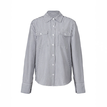 Spring Summer Casual Loose Pockets Striped Contrast Color Cardigan Women Clothes Top Shirt