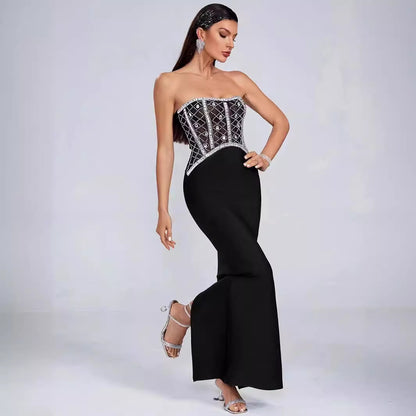 Star High End Knitted Black Tube Top Diamond Evening Party Dress Special Interest Design Bandage Backless Dress