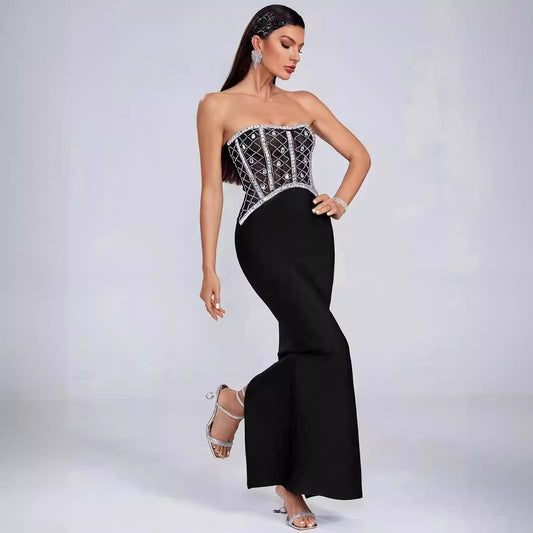 Star High End Knitted Black Tube Top Diamond Evening Party Dress Special Interest Design Bandage Backless Dress