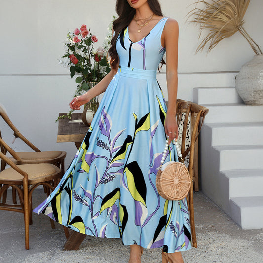 Spring Summer Casual Holiday Floral Print Contrast Color Sleeveless High Waist Dress
