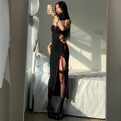 Fall Women Clothing Sexy Sexy Socialite Slim Fit High Slit Bow Lace up Cutout Dress