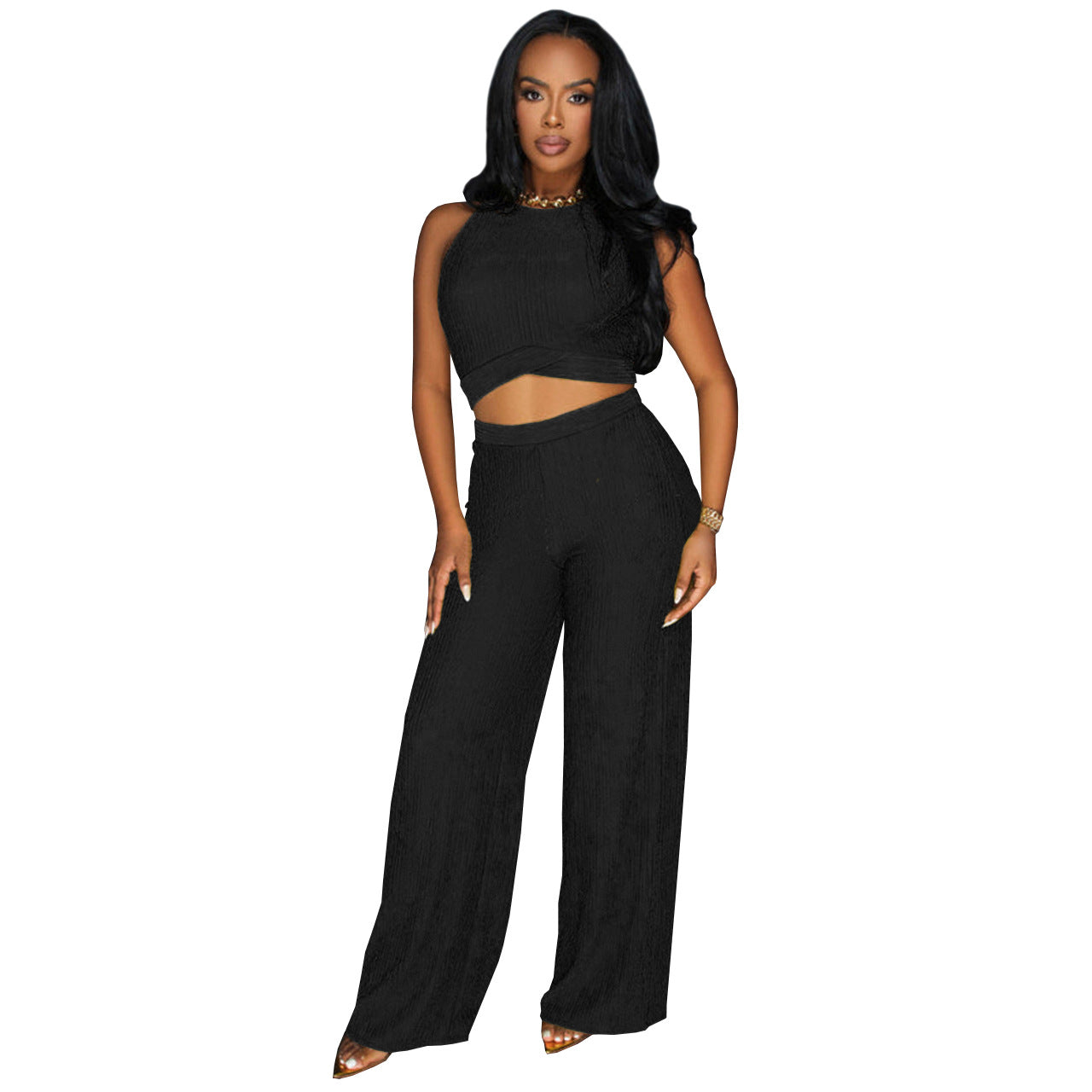 Women Clothing Women Clothing Women Clothing Short Lace Up Wide Leg Pants Sexy Two Piece Suit