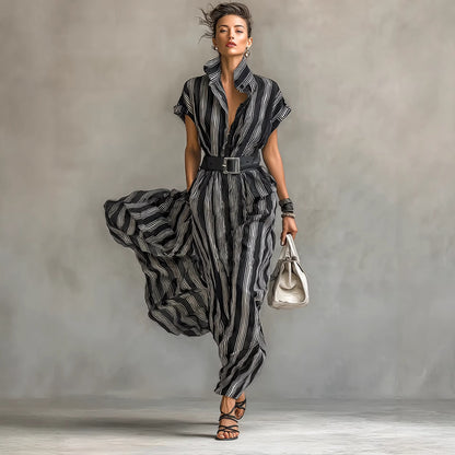 Elegant Women Clothing with Belt Short Sleeve Striped Shirt Dress