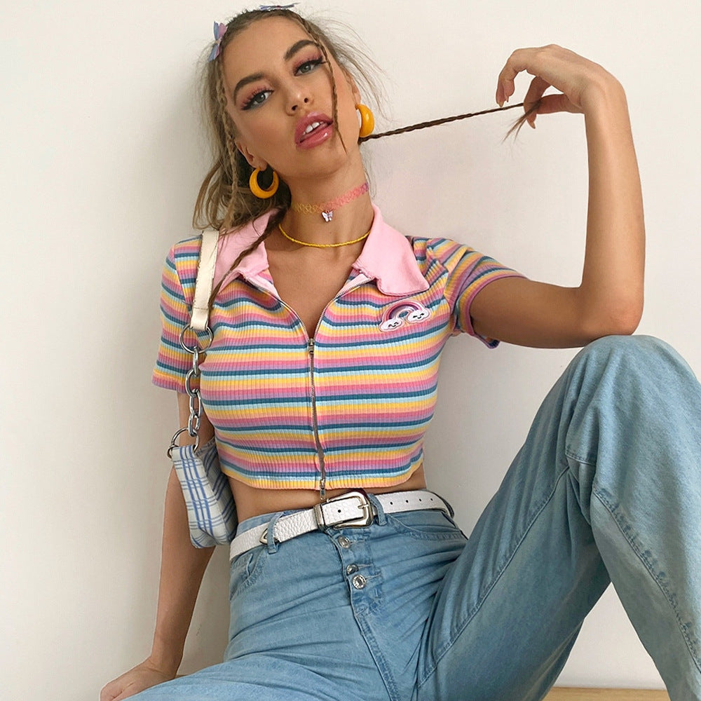 Women Sexy Top Rainbow Striped Contrast Color Slim Fit Collared Polo Shirt Short Sleeve T shirt Women