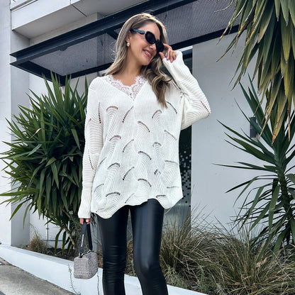 Fall Women Clothing Lace Stitching Mid Length White Sweater Women