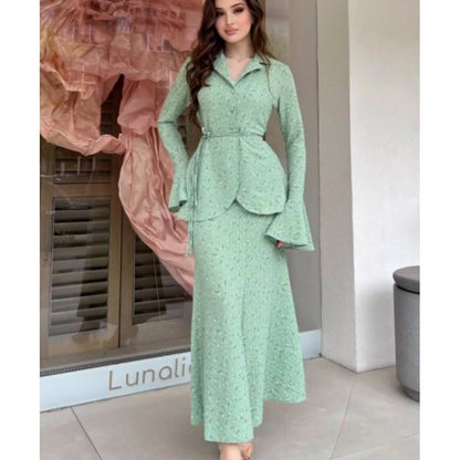 Women Clothing Small Floral High Quality Waist Long Sleeve Top Skirt Two Piece Set