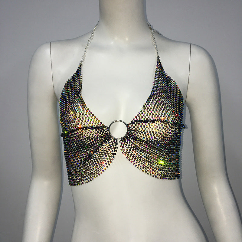 Women Clothing Rhinestone Fishnet Top Sexy Slim Music Festival Sweet Spicy Fengshui Diamond Top