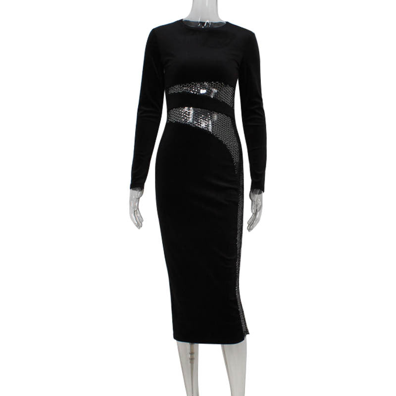 Women Clothing Fall Winter High Sense Sequin Stitching Slim Velvet Sheath Dress Maxi Dress