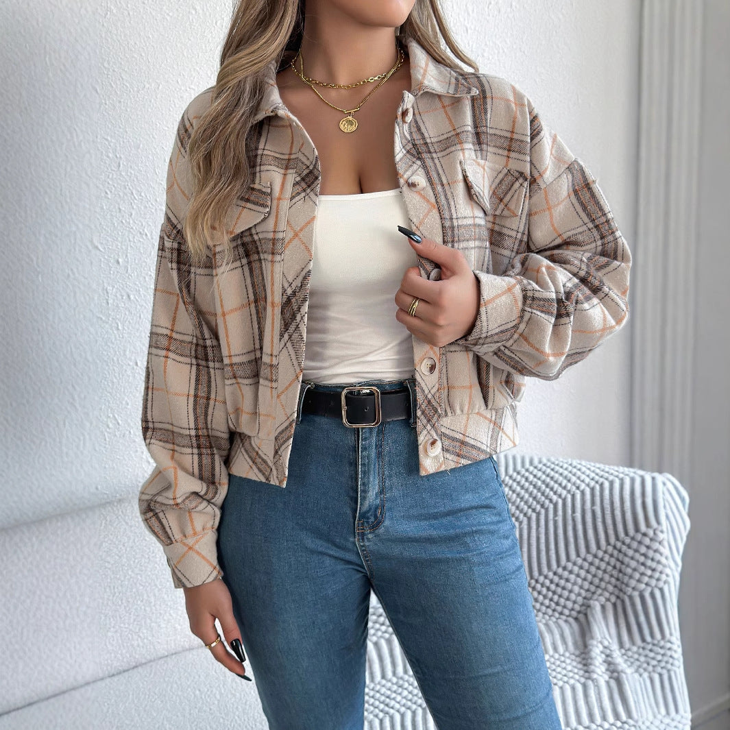 Real Shot Autumn Winter Casual Plaid Faux Pocket Long Sleeve Woolen Cloth Jacket Coat Women Clothing