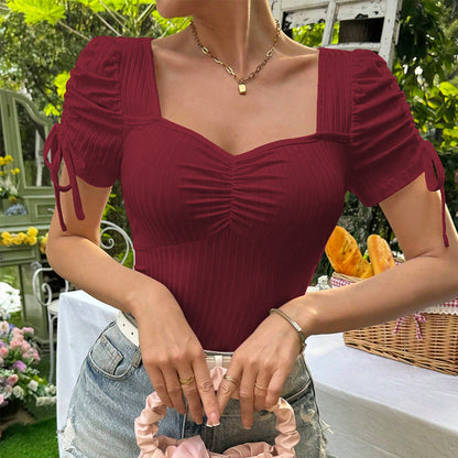 Square Collar Short Sleeve Wine Red T Shirt Summer Sweet Fashionable Slim Fit Short Top Women