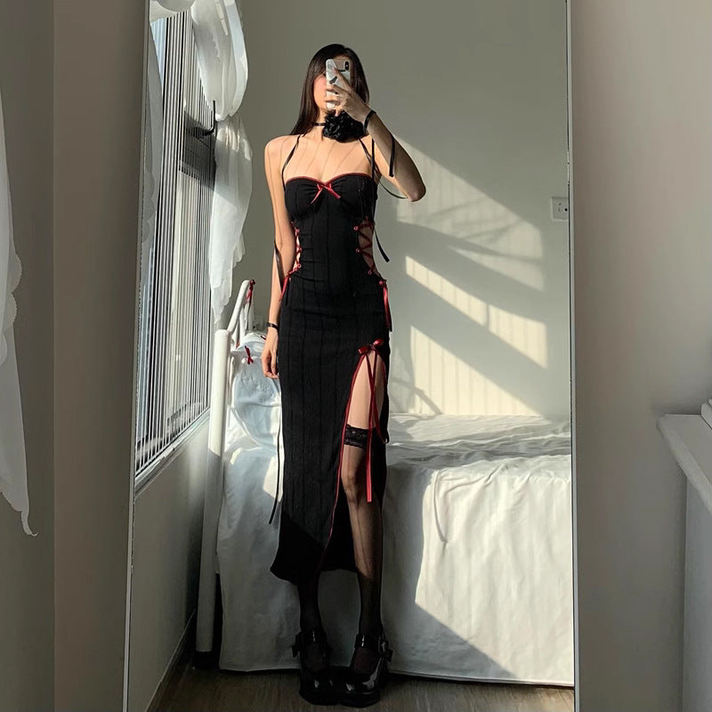 Fall Women Clothing Sexy Sexy Socialite Slim Fit High Slit Bow Lace up Cutout Dress