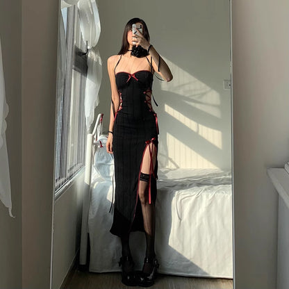 Fall Women Clothing Sexy Sexy Socialite Slim Fit High Slit Bow Lace up Cutout Dress