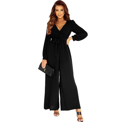 Shiying Sexy Deep V Plunge Neck Jumpsuit Women Spring Long Sleeve Solid Color Business Wear Wide Leg Trousers Women