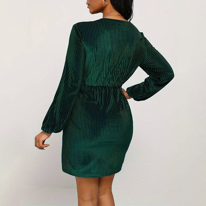Autumn Winter Women Clothing Velvet Dress V neck High Waist Long Sleeves Hip