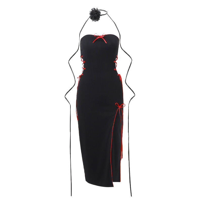 Fall Women Clothing Sexy Sexy Socialite Slim Fit High Slit Bow Lace up Cutout Dress