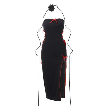Fall Women Clothing Sexy Sexy Socialite Slim Fit High Slit Bow Lace up Cutout Dress