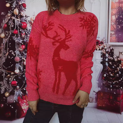 Autumn Winter round Neck Long Sleeved Christmas Sweater Snowflake Deer Jacquard Knitted Pullover