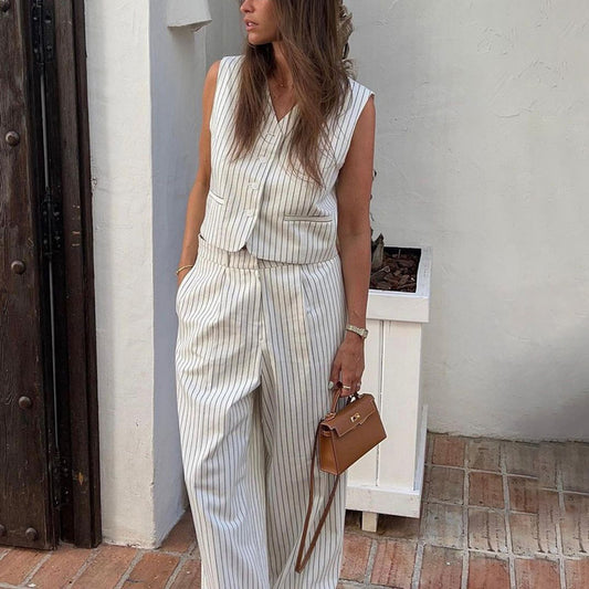 Striped Vest Trousers Summer Women Casual Wear Office Two Piece Set