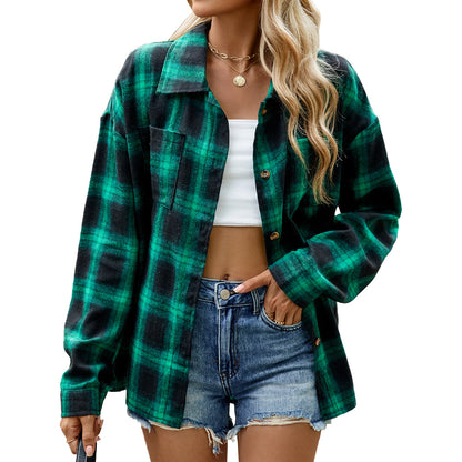 Autumn Winter Polo Collar Long Sleeve Pocket Button Plaid Shirt Top for Women