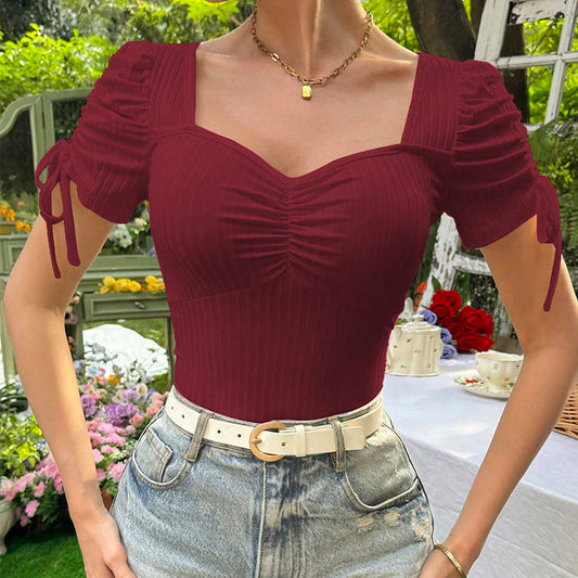 Square Collar Short Sleeve Wine Red T Shirt Summer Sweet Fashionable Slim Fit Short Top Women