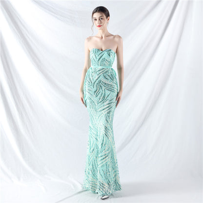 Rope Double Binding Strap Tube Top Encryption Lamination Sequin Evening Dress