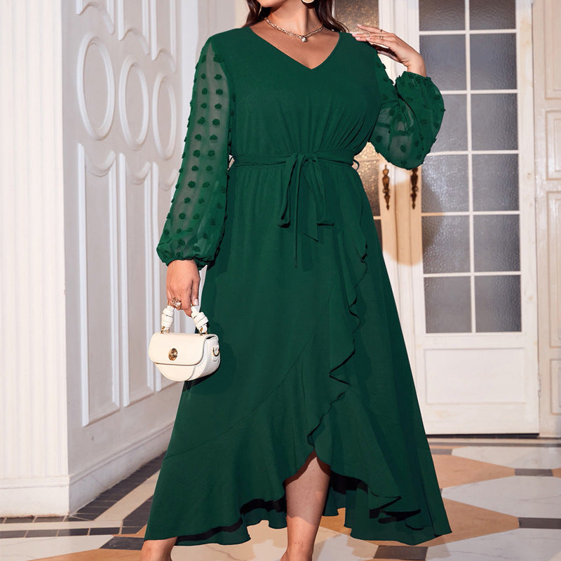 Plus Size Solid Color Lace Up Waist Lace Dress Women Summer Long-Sleeve Deep V Plunge Knee Length Dress Women