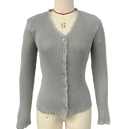 Knitted Cardigan for Women Autumn Winter V neck Slim Fit Slimming Frayed Lazy Single Breasted All Match