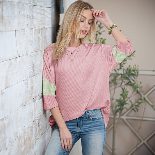 Summer Pullover Three Quarter Sleeve Top Women Color Block Stitching Loose Slim Fit T Shirt Women