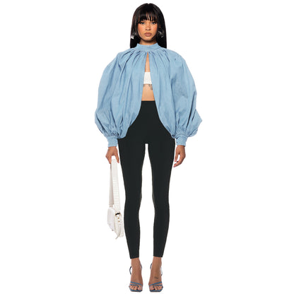 Women Clothing Denim Button Bat Sleeve Backless Cardigan Top